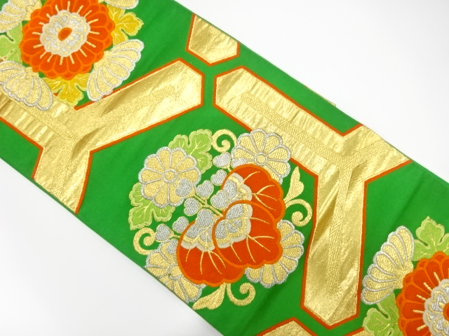 JAPANESE KIMONO / ANTIQUE FUKURO OBI / SILK / WOVEN KIKU & PAULOWNIA